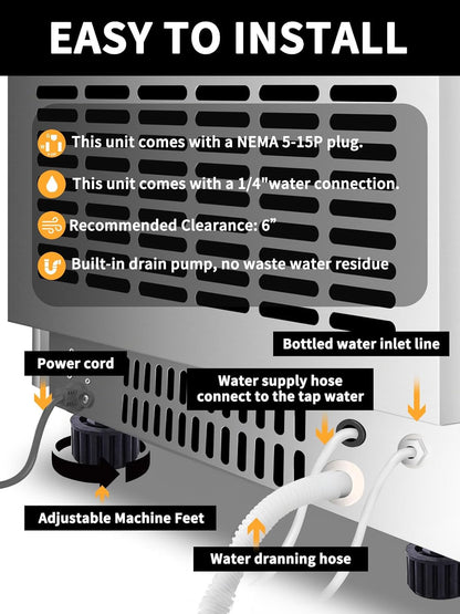 Commercial Ice Maker Machine 150LBS, 2 Water Inlet Ice Machine with 70LBS Storage Bin, Drain Pump, Stainless Steel Under Counter Ice Maker for Restaurant, Bar and Home