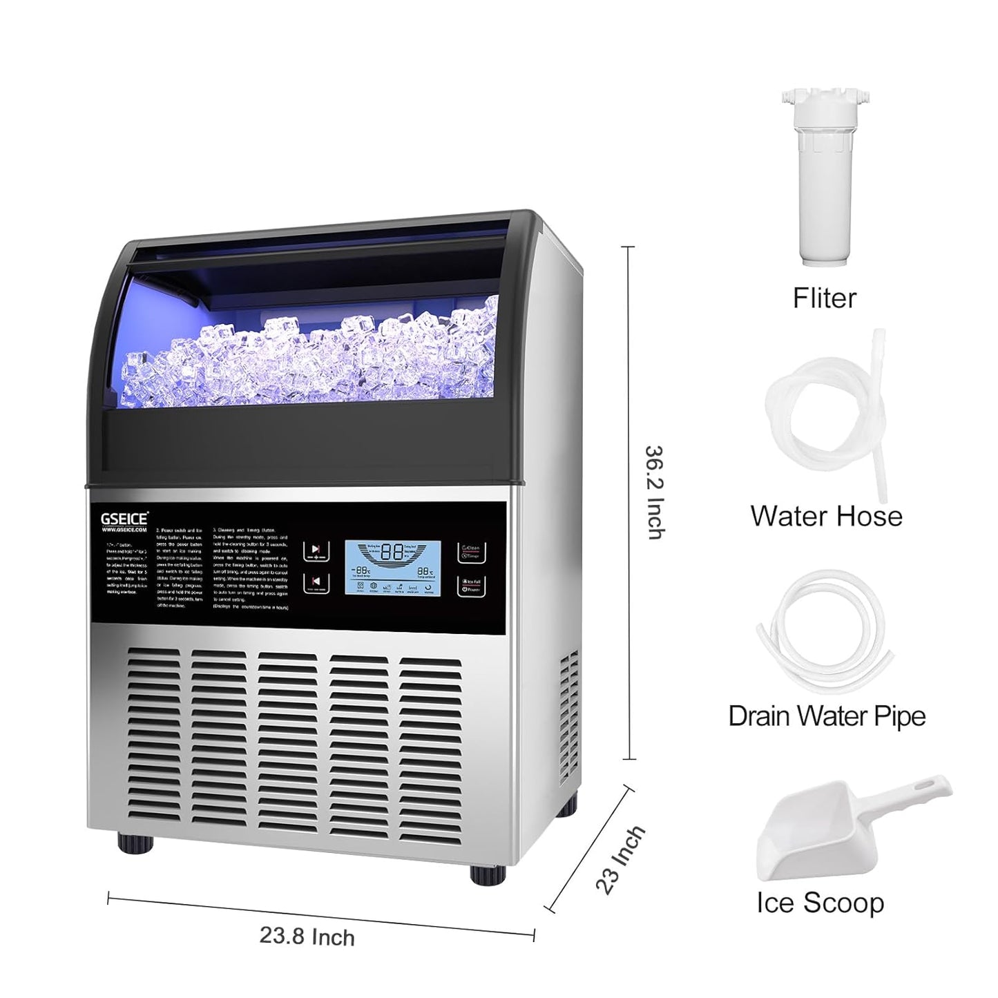 Commercial Ice Maker Machine 150LBS, 2 Water Inlet Ice Machine with 70LBS Storage Bin, Drain Pump, Stainless Steel Under Counter Ice Maker for Restaurant, Bar and Home